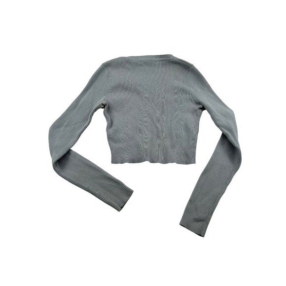 Brandy Melville Light Gray Ribbed V-Neck Cropped Knit Sweater Top #6439 - Picture 2 of 7